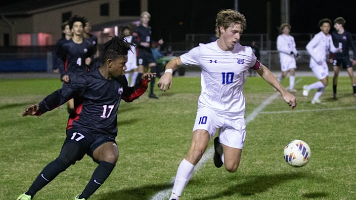 Felipe Lawall (10) takes control of the ball during the Booker T. Washington vs West Florida boys soccer game at West Florida High School in Pensacola on Thursday, Jan. 16, 2025. Felipe Lawall (10) takes control of the ball during the Booker T. Washington vs West Florida boys soccer game at West Florida High School in Pensacola on Thursday, Jan. 16, 2025.