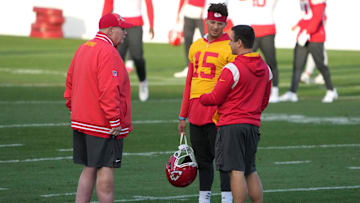 Nov 3, 2023; Frankfurt, Germany; Kansas City Chiefs coach Andy Reid (left), quarterback Patrick Mahomes (15) and wide receivers coach Connor Embree during practice at DFB Campus. Mandatory Credit: Kirby Lee-Imagn Images