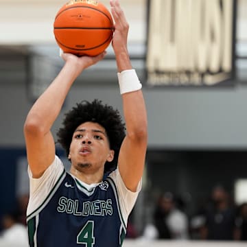 Oakland Soldiers’ Tyran Stokes (4) shoots a free throw during a game at Nike EYBL at the Memphis Sports & Events Center on Saturday, May 17, 2025.