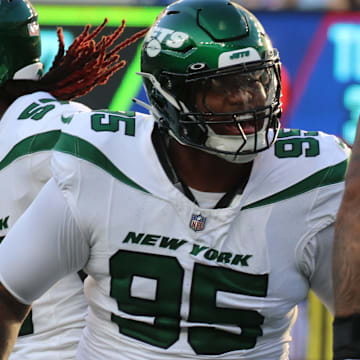 New York Jets defensive tackle Quinnen Williams celebrates a sack against the New York Giants at MetLife Stadium