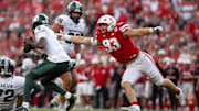 Oct 4, 2025; Lincoln, Nebraska, USA; Nebraska Cornhuskers defensive lineman Kade Pietrzak (93) pressures Michigan State Spartans quarterback Aidan Chiles (2) at Memorial Stadium. Mandatory Credit: Kylie Graham-Imagn Images