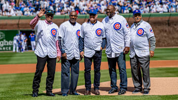 Chicago Cubs Hall of Fame players Fergie Jenkins, Andre Dawson, Ryne Sandberg, Lee Smith and Billy Williams are seen prior to a game against the Pittsburgh Pirates at Wrigley Field on April 8, 2019.