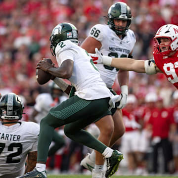 Oct 4, 2025; Lincoln, Nebraska, USA; Nebraska Cornhuskers defensive lineman Kade Pietrzak (93) pressures Michigan State Spartans quarterback Aidan Chiles (2) at Memorial Stadium. Mandatory Credit: Kylie Graham-Imagn Images