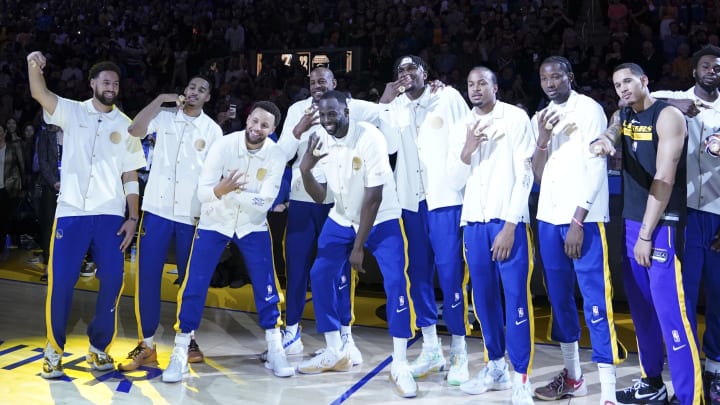 October 18, 2022; San Francisco, California, USA; Golden State Warriorplayers receive their championship ring before the game against the Los Angeles Lakers at Chase Center. Mandatory Credit: Kyle Terada-USA TODAY Sports