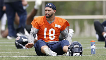 Jun 3, 2025; Lake Forest, IL, USA; Chicago Bears quarterback Caleb Williams (18) warms up during minicamp at Halas Hall. Mandatory Credit: Kamil Krzaczynski-Imagn Images