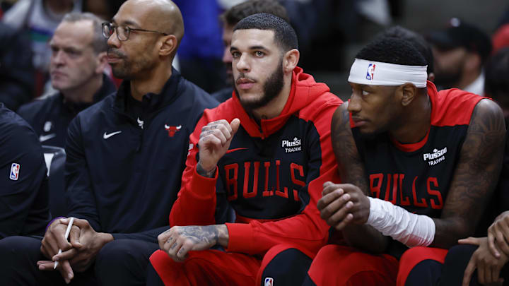 Oct 16, 2024; Chicago, Illinois, USA; Chicago Bulls guard Lonzo Ball (2) sits on the bench during the first half of a game against the Minnesota Timberwolves at United Center. Mandatory Credit: Kamil Krzaczynski-Imagn Images