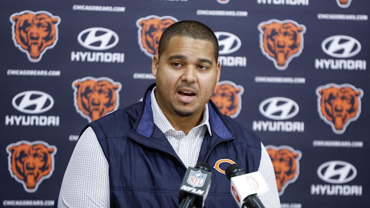 Mar 16, 2023; Lake Forest, IL, USA; Chicago Bears general manager Ryan Poles speaks during a press conference at Halas Hall. Mandatory Credit: Kamil Krzaczynski-Imagn Images