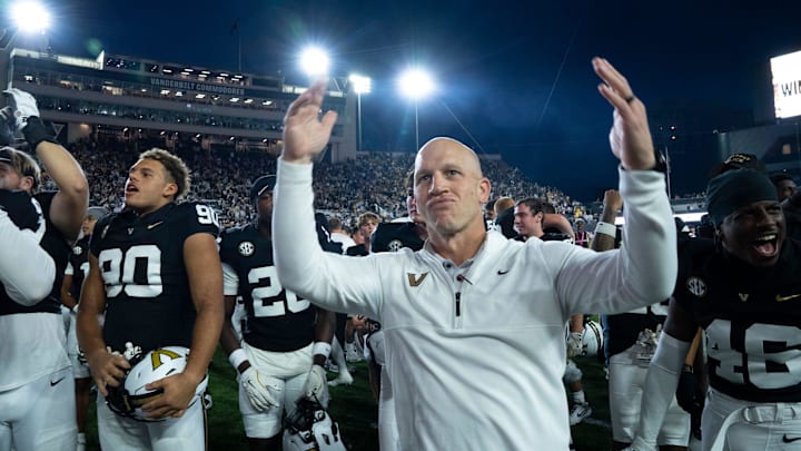 Vanderbilt coach Clark Lea celebrates after beating Missouri, 17–10. Vanderbilt coach Clark Lea celebrates after beating Missouri, 17–10.