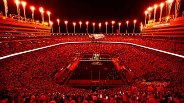 Fireworks go off over Neyland Stadium as Tennessee runs through the T before a college football game against Mississippi State in Knoxville, Tenn., on Saturday, Nov. 9, 2024.
