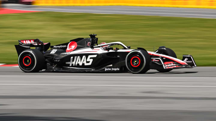 Jun 18, 2023; Montreal, Quebec, CAN; Haas F1 Team driver Kevin Magnussen (DEN) races during the Canadian Grand Prix at Circuit Gilles Villeneuve. Mandatory Credit: David Kirouac-USA TODAY Sports