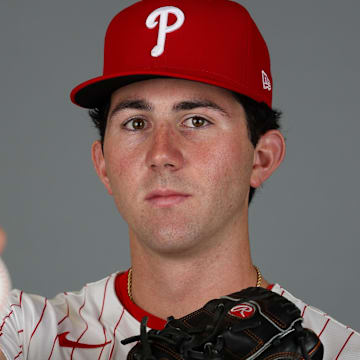 Feb 20, 2025; Clearwater, FL, USA; Philadelphia Phillies pitcher Andrew Painter (76) participates in media day at BayCare Ballpark. 