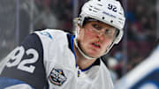 Team Finland forward Patrik Laine looks on in warm-up before a game against Team USA during the 4 Nations Face-Off.