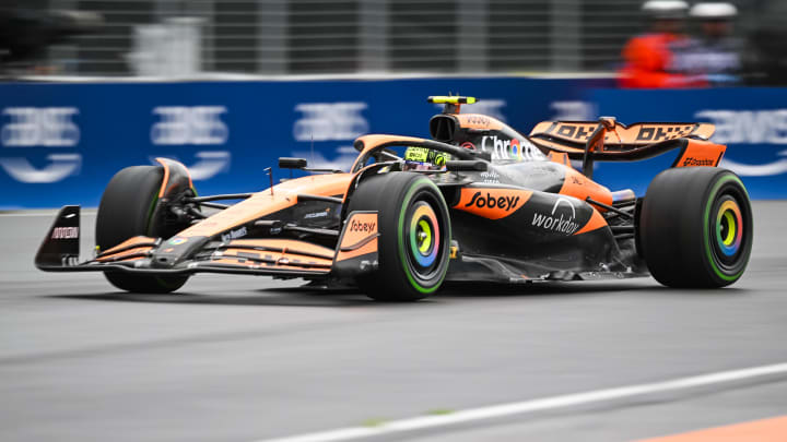 Jun 7, 2024; Montreal, Quebec, CAN; McLaren driver Lando Norris (GBR) races during FP2 practice session of the Canadian Grand Prix at Circuit Gilles Villeneuve. Mandatory Credit: David Kirouac-USA TODAY Sports