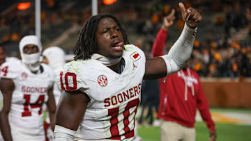 Oklahoma linebacker Kip Lewis celebrates after the Sooners beat Tennessee at Neyland Stadium.