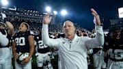Vanderbilt's coach Clark Lea celebrates with the fans and team after beating Missouri 17-10 at FirstBank Stadium in Nashville, Tenn., Saturday, Oct. 25, 2025.