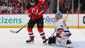 Nov 10, 2025; Newark, New Jersey, USA; New York Islanders goaltender Ilya Sorokin (30) makes a save against the New Jersey Devils during the second period at Prudential Center. Mandatory Credit: Ed Mulholland-Imagn Images