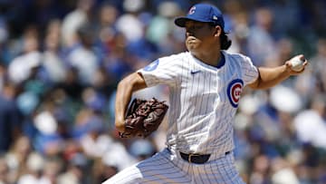 Aug 21, 2025; Chicago, Illinois, USA; Chicago Cubs starting pitcher Shota Imanaga (18) delivers a pitch against the Milwaukee Brewers during the first inning at Wrigley Field. Mandatory Credit: Kamil Krzaczynski-Imagn Images