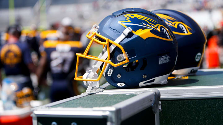 Showboats helmets sit on the sidelines during the UFL game between the San Antonio Brahmas and Memphis Showboats in Simmons Bank Liberty Stadium in Memphis, Tenn., on Saturday, April 6, 2024.