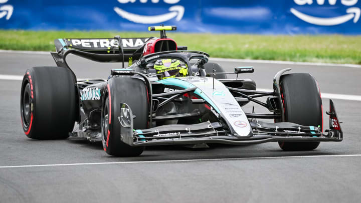 Jun 8, 2024; Montreal, Quebec, CAN; Mercedes driver Lewis Hamilton (GBR) races during the qualifying session of the Canadian Grand Prix at Circuit Gilles Villeneuve. Mandatory Credit: David Kirouac-USA TODAY Sports