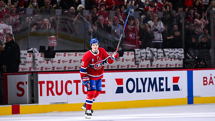 Jan 8, 2026; Montreal, Quebec, CAN; Second star of the game Montreal Canadiens center Oliver Kapanen (91) salutes the crowd after the end of the game against the Florida Panthers at Bell Centre. Mandatory Credit: David Kirouac-Imagn Images