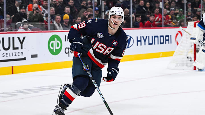 Feb 13, 2025; Montreal, Quebec, CAN; [Imagn Images direct customers only] Team USA forward Matthew Tkachuk (19) skates against Team Finland in the third period during a 4 Nations Face-Off ice hockey game at Bell Centre. Mandatory Credit: David Kirouac-Imagn Images