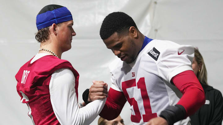 Eat Rutherford, NJ -- May 9, 2025 -- Jaxson Dart with Abdul Carter after Carter spoke to the media following practice at Giants Rookie Minicamp.