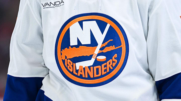 Feb 26, 2026; Montreal, Quebec, CAN; View of a New York Islanders logo on a jersey worn by a member of the team during the third period at Bell Centre. 