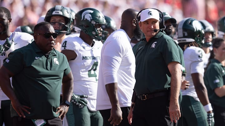 Oct 4, 2025; Lincoln, Nebraska, USA; Michigan State Spartans Head Coach Jonathan Smith during the first half of the game against Nebraska at Memorial Stadium. Mandatory Credit: Kylie Graham-Imagn Images