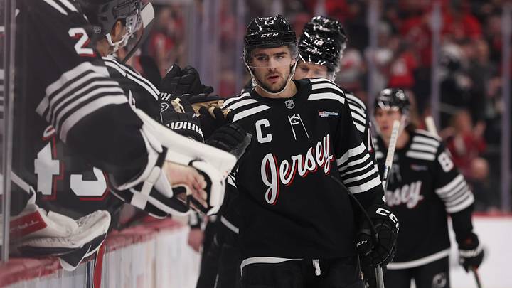 New Jersey Devils center Nico Hischier (13) celebrates his goal against the Los Angeles Kings during the third period at Prudential Center. Mandatory Credit: Ed Mulholland-Imagn Images