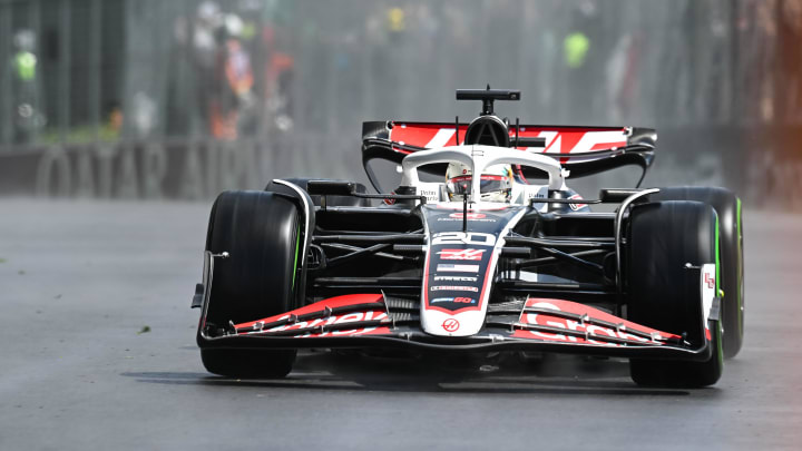 Jun 7, 2024; Montreal, Quebec, CAN; Haas driver Kevin Magnussen (DNK) races during FP1 practice session of the Canadian Grand Prix at Circuit Gilles Villeneuve. Mandatory Credit: David Kirouac-USA TODAY Sports