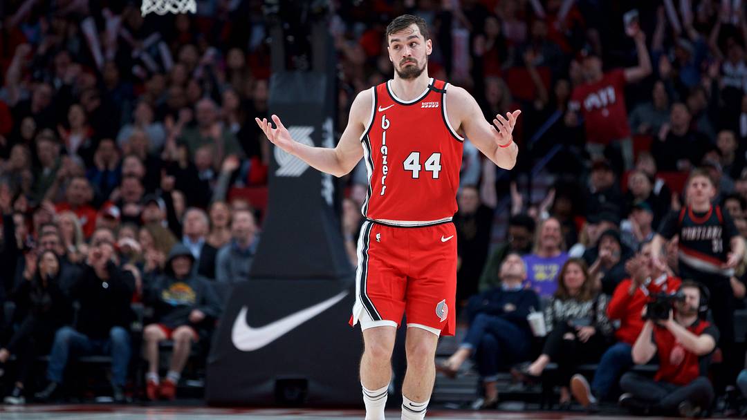 Mar 10, 2020; Portland, OR, USA; Portland Trail Blazers forward Mario Hezonja (44) reacts after making a three point basket against the Phoenix Suns during the fourth quarter at the Moda Center. Mandatory Credit: Craig Mitchelldyer-USA TODAY Sports