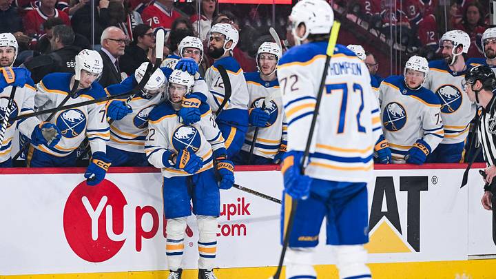 May 16, 2026; Montreal, Quebec, CAN; Buffalo Sabres right wing Jack Quinn (22) celebrates with his teammates at the bench his goal against the Montreal Canadiens during the second period in game six of the second round of the 2026 Stanley Cup Playoffs at Bell Centre. Mandatory Credit: David Kirouac-Imagn Images