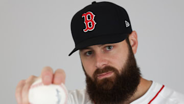 Feb 18, 2025; Lee County, FL, USA; Boston Red Sox pitcher Lucas Giolito (54) participates in media day at JetBlue Park at Fenway South. Mandatory Credit: Nathan Ray Seebeck-Imagn Images