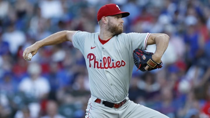 Jul 3, 2024; Chicago, Illinois, USA; Philadelphia Phillies starting pitcher Zack Wheeler (45) delivers a pitch against the Chicago Cubs during the second inning at Wrigley Field.