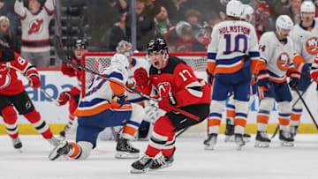 Nov 10, 2025; Newark, New Jersey, USA; New Jersey Devils defenseman Simon Nemec (17) celebrates his goal against the New York Islanders during the third period at Prudential Center. Mandatory Credit: Ed Mulholland-Imagn Images