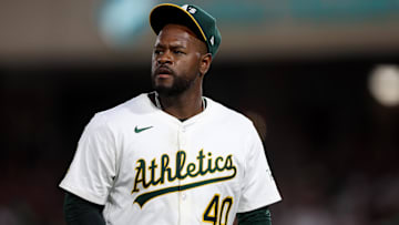 Jun 7, 2025; West Sacramento, California, USA; Athletics starting pitcher Luis Severino (40) walks back to the dugout after the fifth inning against the Baltimore Orioles at Sutter Health Park. Mandatory Credit: Dennis Lee-Imagn Images