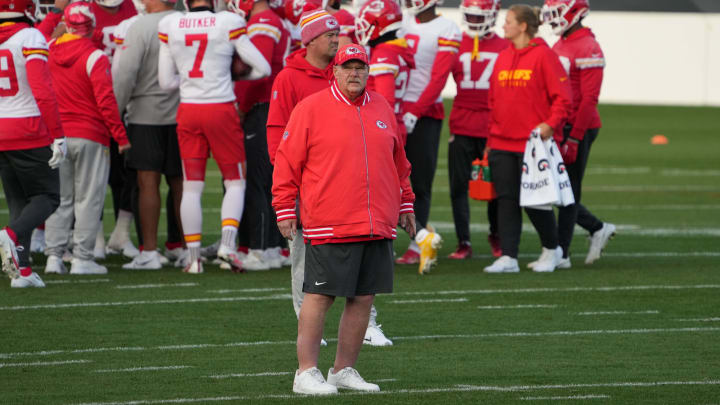 Nov 3, 2023; Frankfurt, Germany; Kansas City Chiefs coach Andy Reid during practice at DFB Campus. Mandatory Credit: Kirby Lee-USA TODAY Sports