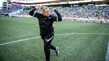 Laura Harvey on the field at Portland Thorns FC v OL Reign