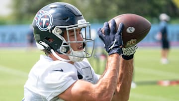 Tennessee Titans wide receiver Kyle Philips (18) pulls in a catch during practice at Ascension Saint Thomas Sports Park Monday, Sept. 5, 2022, in Nashville, Tenn.

Nas 0905 Titans 023