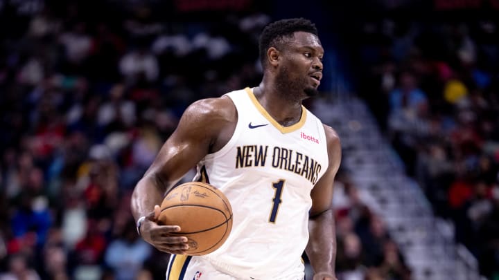 Mar 28, 2024; New Orleans, Louisiana, USA;  New Orleans Pelicans forward Zion Williamson (1) brings