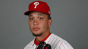 Feb 20, 2025; Clearwater, FL, USA; Philadelphia Phillies pitcher Moises Chace (75) participates in media day at BayCare Ballpark