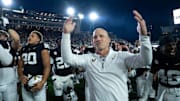 Vanderbilt's coach Clark Lea celebrates with the fans and team after beating Missouri 17-10 at FirstBank Stadium in Nashville, Tenn., Saturday, Oct. 25, 2025.