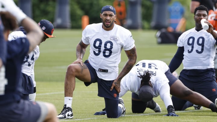 Jun 5, 2024; Lake Forest, IL, USA; Chicago Bears defensive end Montez Sweat (98) looks on during the team's minicamp at Halas Hall. Mandatory Credit: Kamil Krzaczynski-USA TODAY Sports