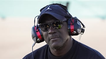 Oct 27, 2024; Homestead, Florida, USA; 23XI team owner Michael Jordan watches during the Straight Talk Wireless 400 at Homestead-Miami Speedway. Mandatory Credit: Jasen Vinlove-Imagn Images