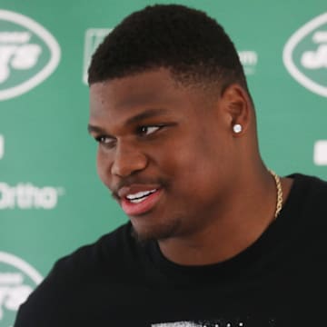 Florham Park, NJ July 19, 2023 --   Defensive lineman, Quinnen Williams being interviewed as players arrived today to participate in the NY Jets 2023 Training Camp at their practice facility in Florham Park, NJ.