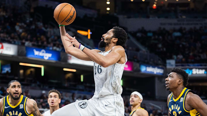 Dallas Mavericks guard Spencer Dinwiddie shoots the ball while Indiana Pacers forward Obi Toppin defends in the second half at Gainbridge Fieldhouse. 