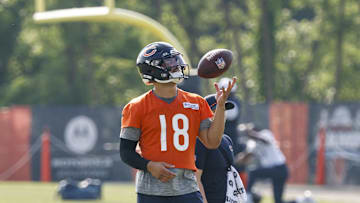 Chicago Bears quarterback Caleb Williams plays with the ball during NFL training camp at Halas Hall before the 2025 season