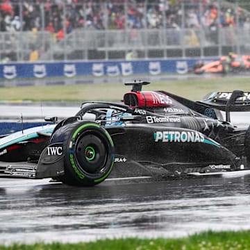 Jun 9, 2024; Montreal, Quebec, CAN; Mercedes driver George Russell (GBR) races during the Canadien Grand Prix at Circuit Gilles Villeneuve. Mandatory Credit: David Kirouac-USA TODAY Sports