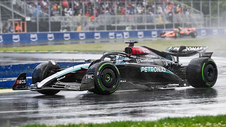 Jun 9, 2024; Montreal, Quebec, CAN; Mercedes driver George Russell (GBR) races during the Canadien Grand Prix at Circuit Gilles Villeneuve. Mandatory Credit: David Kirouac-USA TODAY Sports