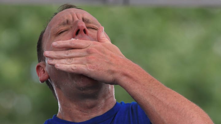 Competitive eater Joey “Jaws” Chestnut ate 57 hot dogs in five minutes at Fort Bliss’ “Pop Goes the Fort” Fourth of July celebration, beating his four competitors together at 49 hot dogs July 4, 2024.